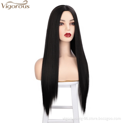 Vigorous Long Silky Natural Black Straight Synthetic Wigs Middle Part Wigs For Women Daily Use Wigs Wholesale Price